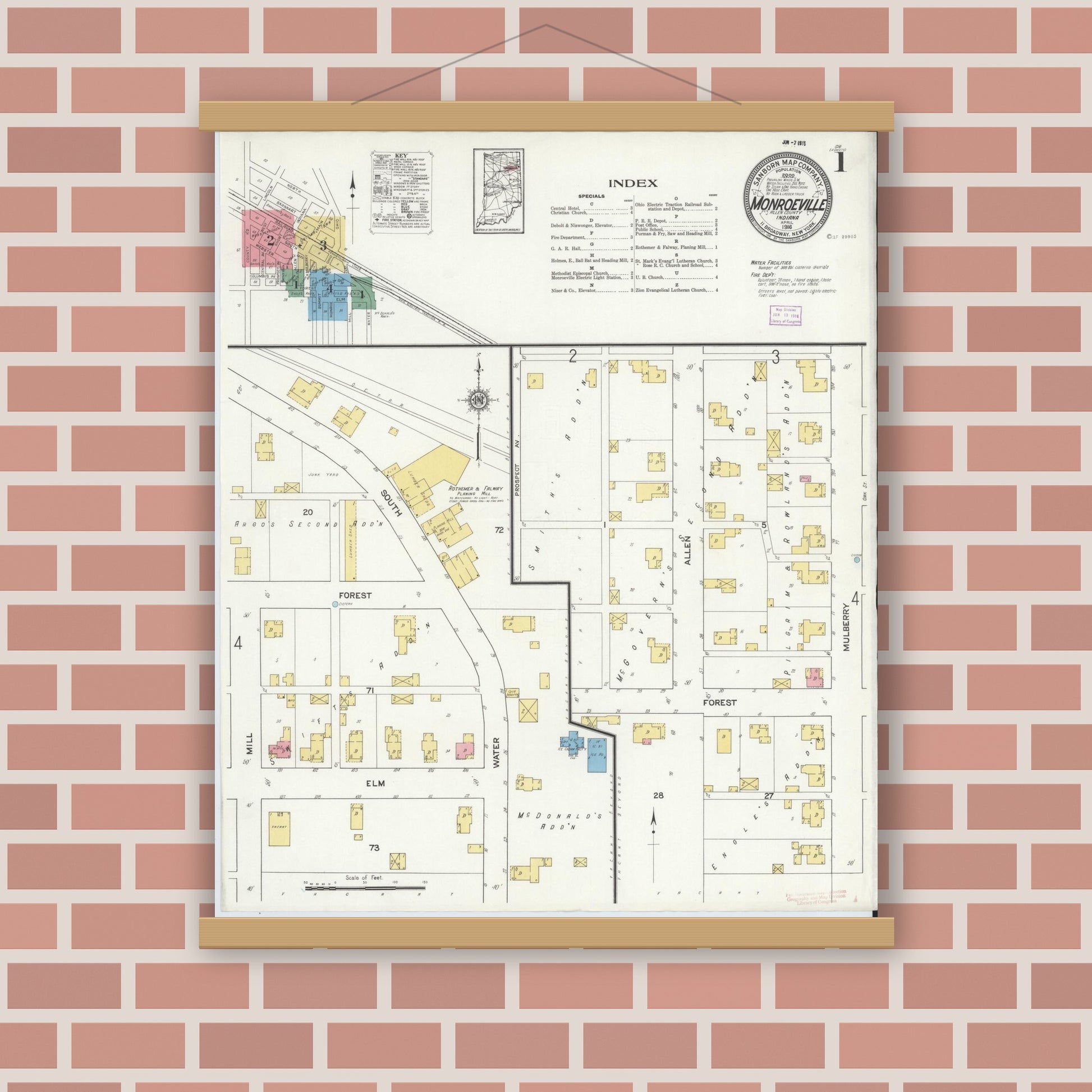 Old map wall art mockup — magnetic wood frame on brick wall — Sanborn Fire Insurance Map from Monroeville, Allen County, Indiana (1916) - Complete Map Set