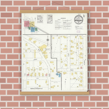 Old map wall art mockup — magnetic wood frame on brick wall — Sanborn Fire Insurance Map from Monroeville, Allen County, Indiana (1916) - Complete Map Set
