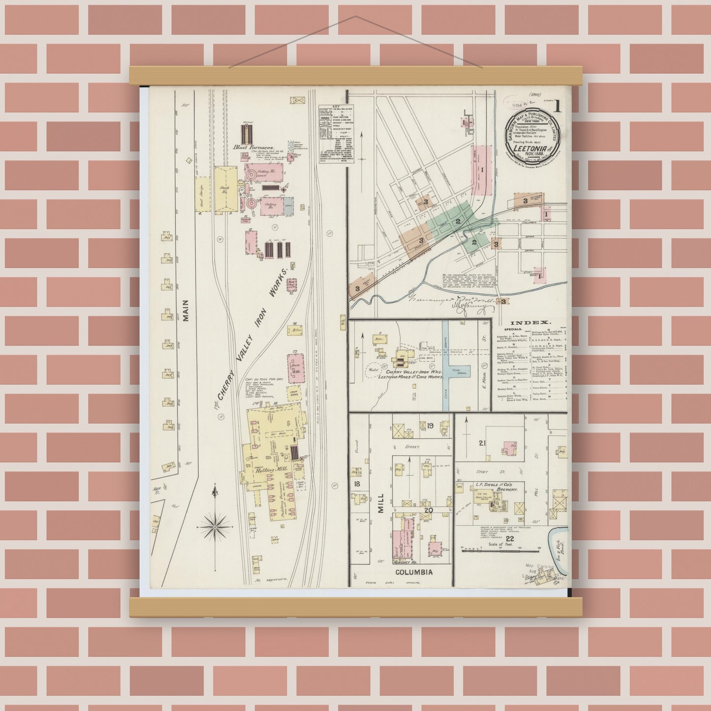 Old map wall art mockup — magnetic wood frame on brick wall — Sanborn Fire Insurance Map from Leetonia, Columbiana County, Ohio (1888), Sheet #0001