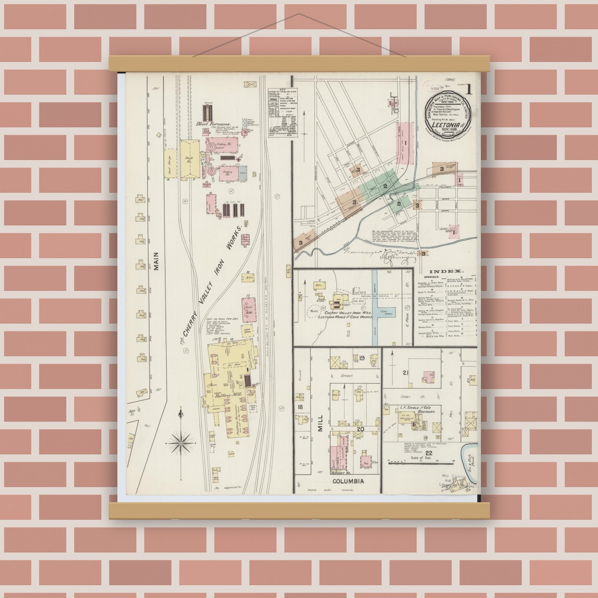 Old map wall art mockup — magnetic wood frame on brick wall — Sanborn Fire Insurance Map from Leetonia, Columbiana County, Ohio (1888), Sheet #0001