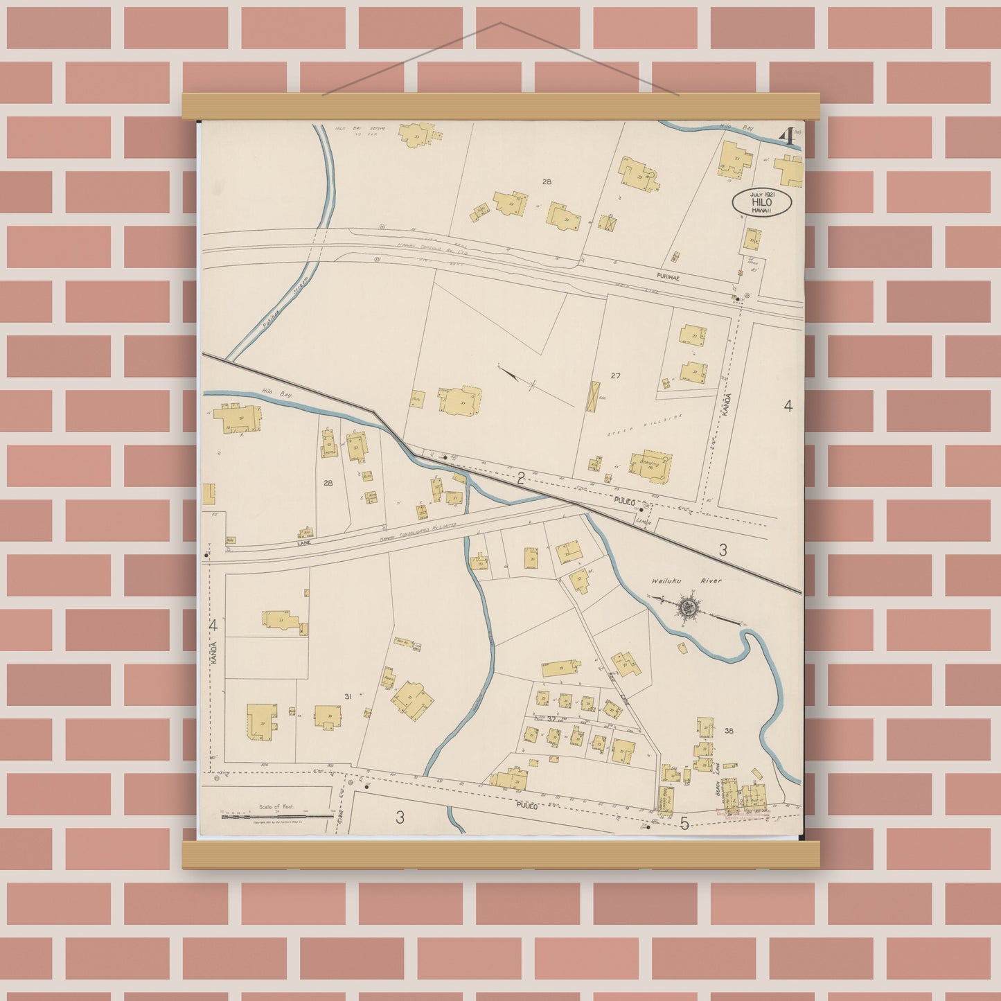 Old map wall art mockup — magnetic wood frame on brick wall — Sanborn Fire Insurance Map from Hilo, Hawaii County, Hawaii (1921), Sheet #0004