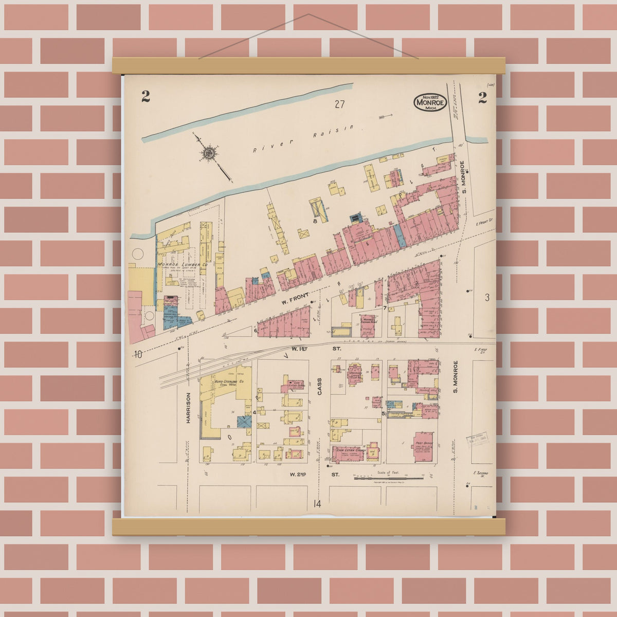 Old map wall art mockup — magnetic wood frame on brick wall — Sanborn Fire Insurance Map from Monroe, Monroe County, Michigan (1922), Sheet #0002