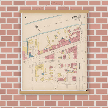 Old map wall art mockup — magnetic wood frame on brick wall — Sanborn Fire Insurance Map from Monroe, Monroe County, Michigan (1922), Sheet #0002
