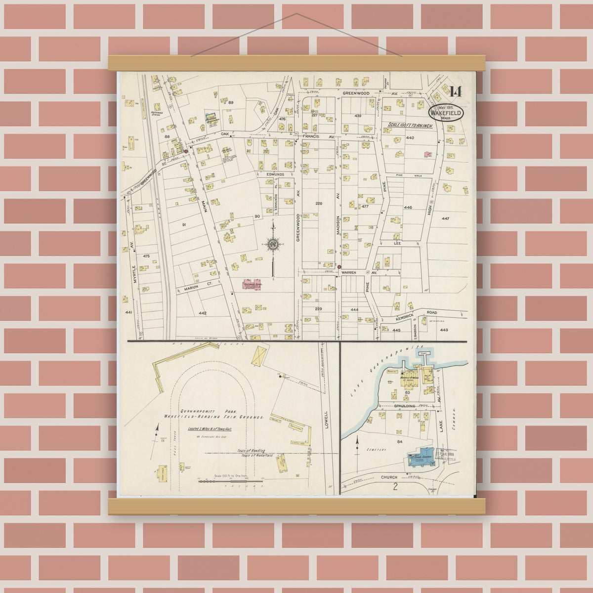 Old map wall art mockup — magnetic wood frame on brick wall — Sanborn Fire Insurance Map from Wakefield, Middlesex County, Massachusetts (1915), Sheet #0014