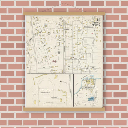 Old map wall art mockup — magnetic wood frame on brick wall — Sanborn Fire Insurance Map from Wakefield, Middlesex County, Massachusetts (1915), Sheet #0014