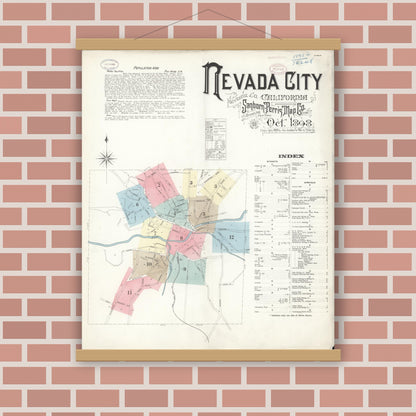 Old map wall art mockup — magnetic wood frame on brick wall — Sanborn Fire Insurance Map from Nevada City, Nevada County, California (1898) - Complete Map Set
