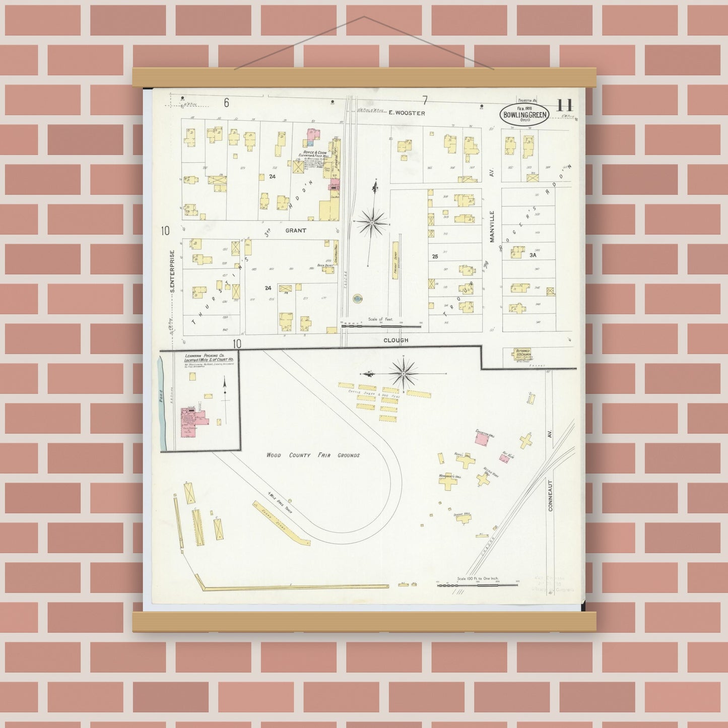Old map wall art mockup — magnetic wood frame on brick wall — Sanborn Fire Insurance Map from Bowling Green, Wood County, Ohio (1908), Sheet #0011