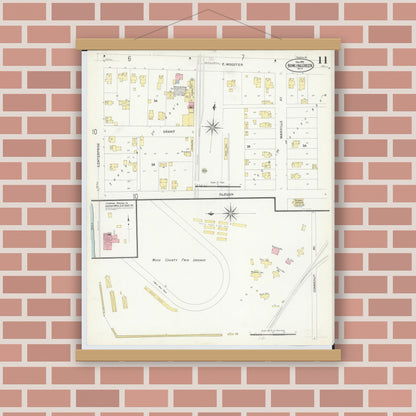 Old map wall art mockup — magnetic wood frame on brick wall — Sanborn Fire Insurance Map from Bowling Green, Wood County, Ohio (1908), Sheet #0011