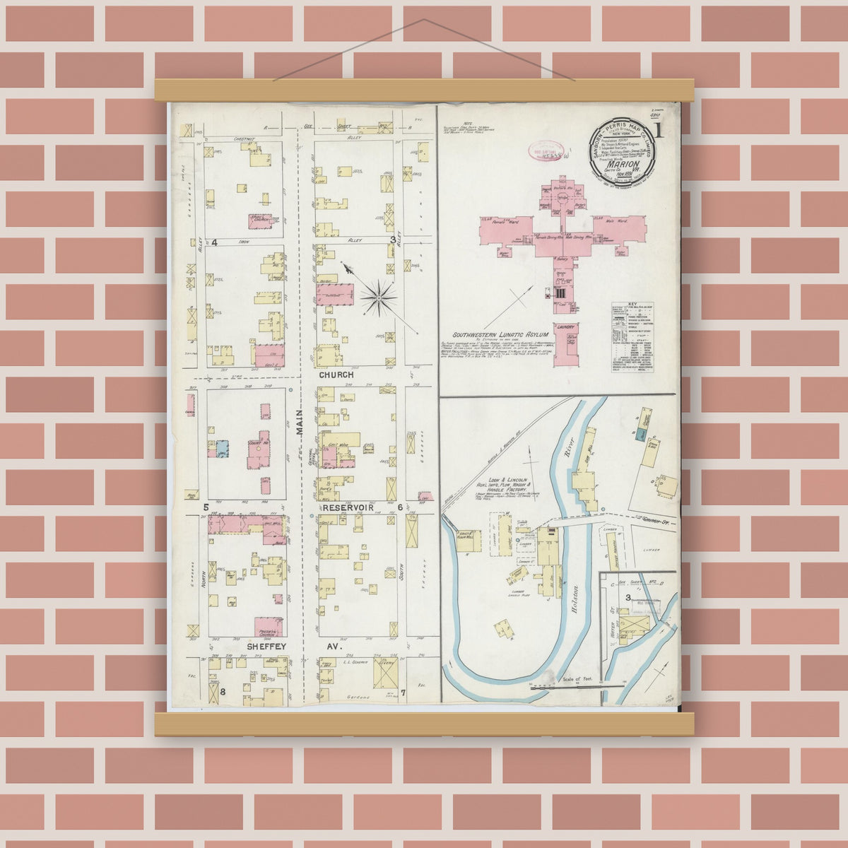 Old map wall art mockup — magnetic wood frame on brick wall — Sanborn Fire Insurance Map from Marion, Smyth County, Virginia (1891) - Complete Map Set