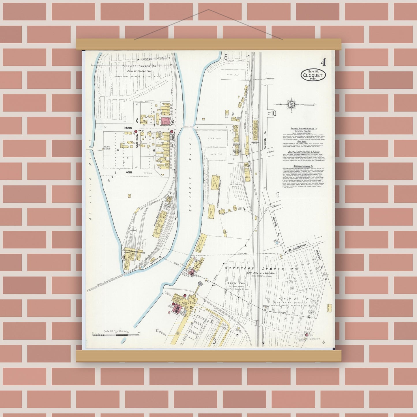 Old map wall art mockup — magnetic wood frame on brick wall — Sanborn Fire Insurance Map from Cloquet, Carlton County, Minnesota (1911), Sheet #0004
