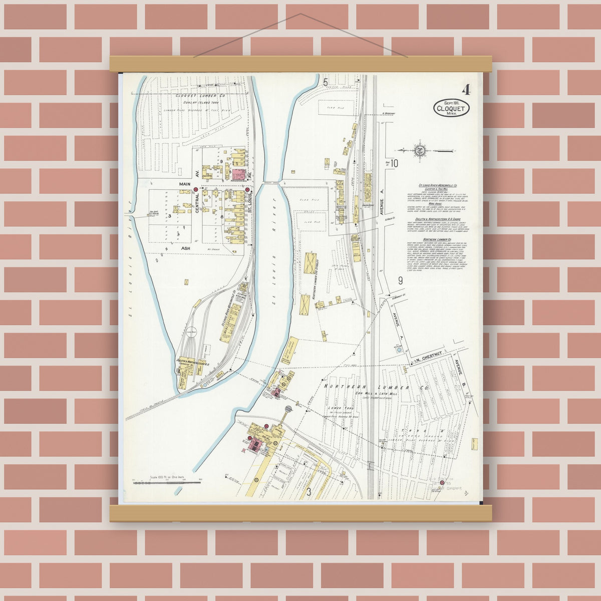Old map wall art mockup — magnetic wood frame on brick wall — Sanborn Fire Insurance Map from Cloquet, Carlton County, Minnesota (1911), Sheet #0004