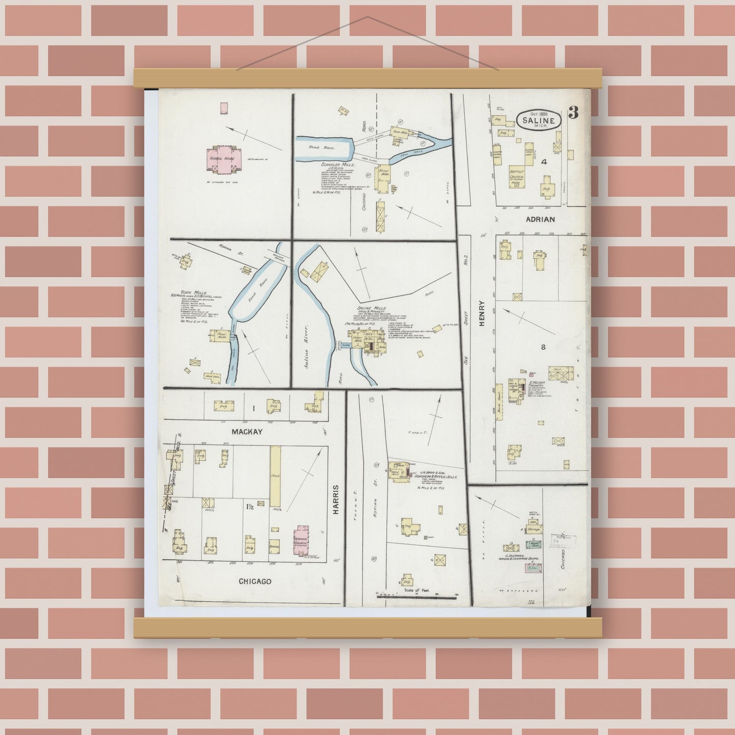 Old map wall art mockup — magnetic wood frame on brick wall — Sanborn Fire Insurance Map from Saline, Washtenaw County, Michigan (1888), Sheet #0003