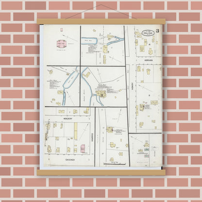 Old map wall art mockup — magnetic wood frame on brick wall — Sanborn Fire Insurance Map from Saline, Washtenaw County, Michigan (1888), Sheet #0003
