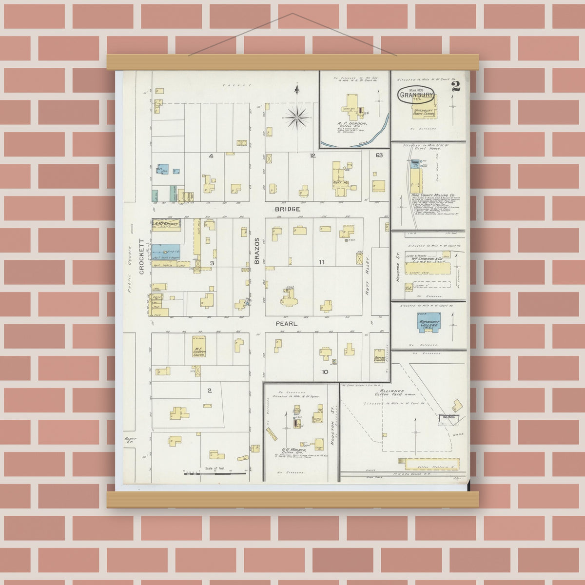 Old map wall art mockup — magnetic wood frame on brick wall — Sanborn Fire Insurance Map from Granbury, Hood County, Texas (1893), Sheet #0002
