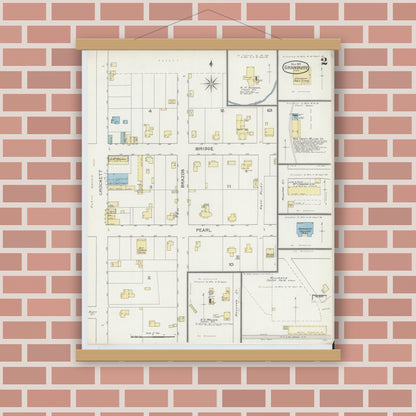 Old map wall art mockup — magnetic wood frame on brick wall — Sanborn Fire Insurance Map from Granbury, Hood County, Texas (1893), Sheet #0002