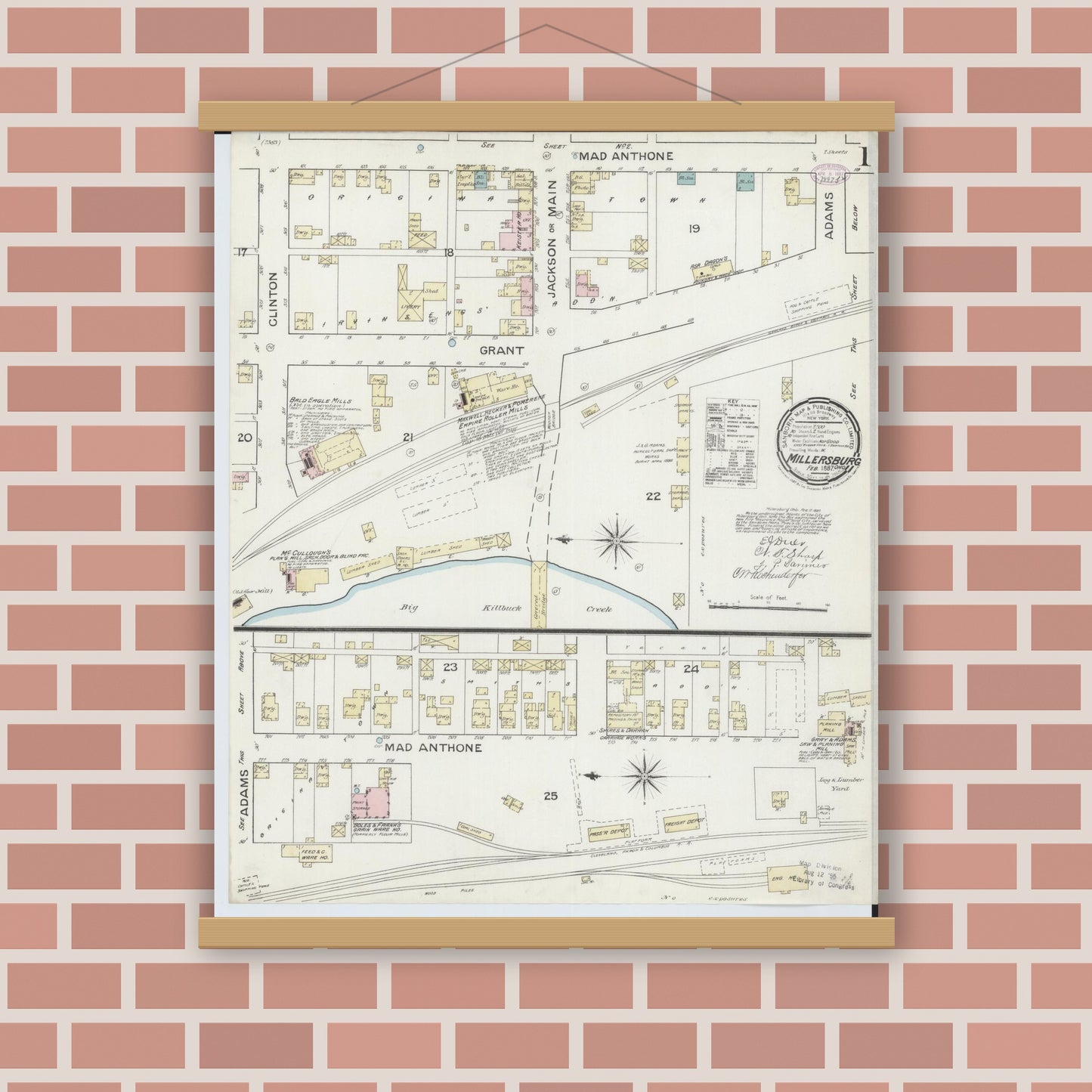 Old map wall art mockup — magnetic wood frame on brick wall — Sanborn Fire Insurance Map from Millersburg, Holmes County, Ohio (1887), Sheet #0001
