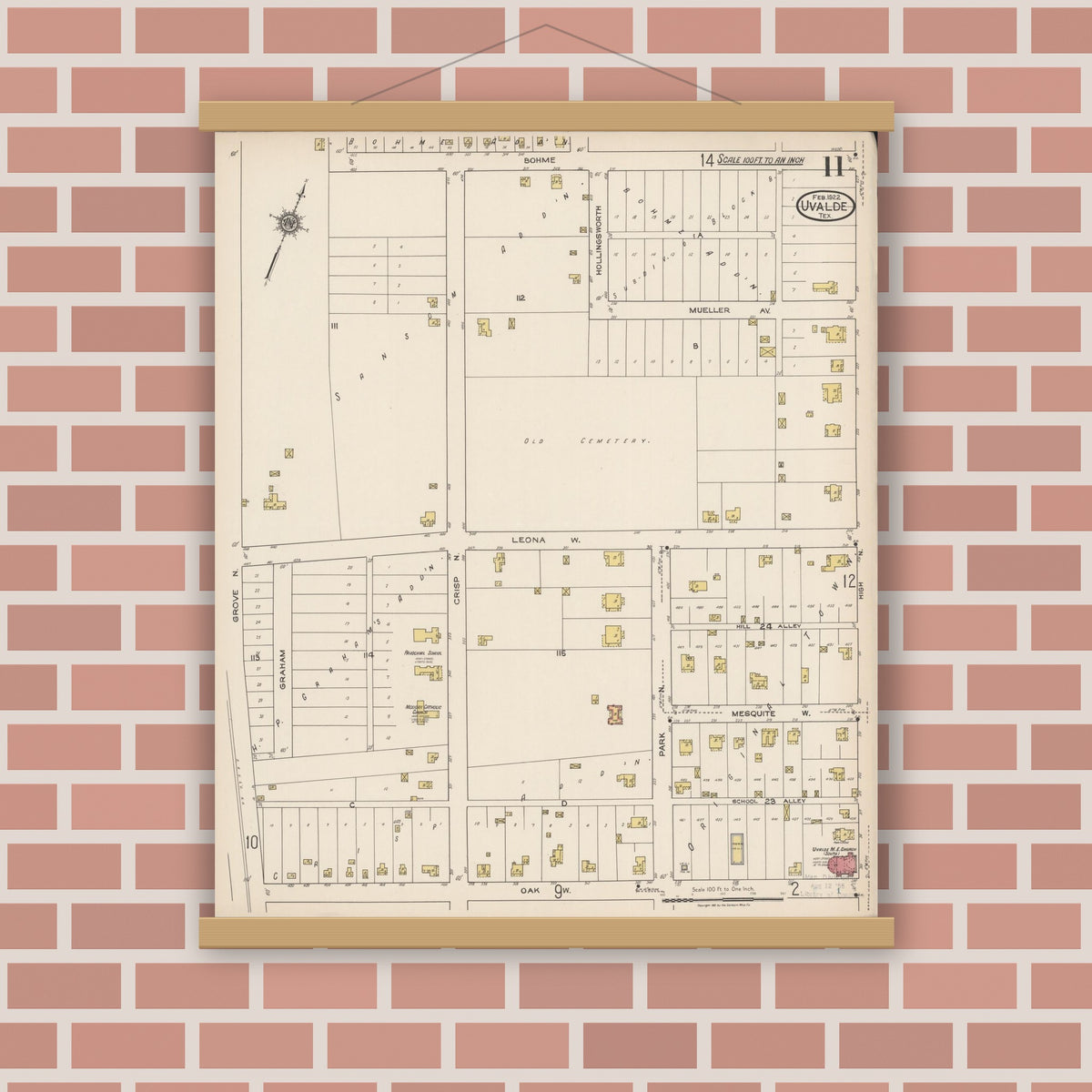 Old map wall art mockup — magnetic wood frame on brick wall — Sanborn Fire Insurance Map from Uvalde, Uvalde County, Texas (1922), Sheet #0011