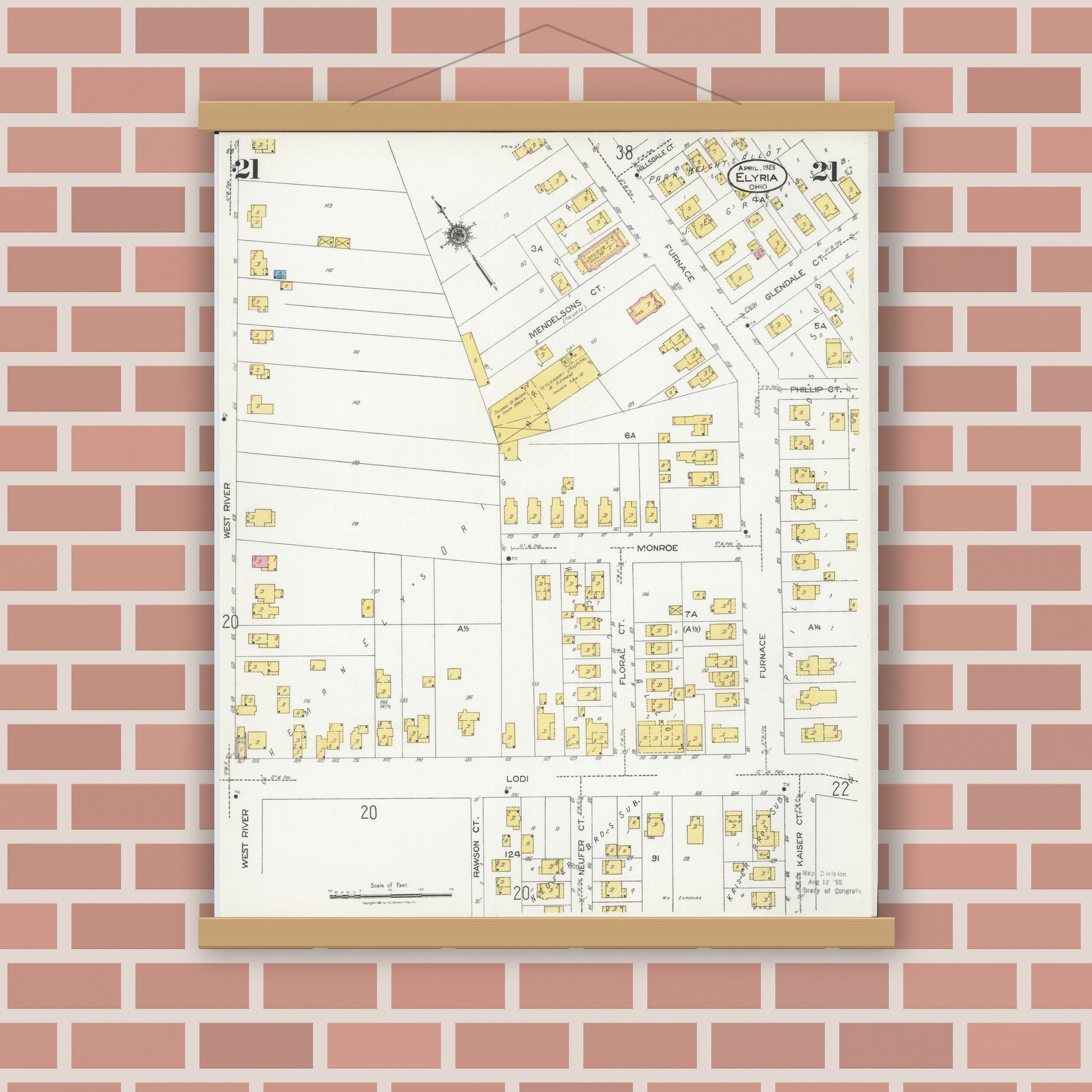 Old map wall art mockup — magnetic wood frame on brick wall — Sanborn Fire Insurance Map from Elyria, Lorain County, Ohio (1925), Sheet #0021