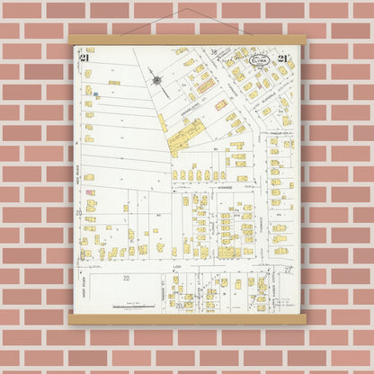 Old map wall art mockup — magnetic wood frame on brick wall — Sanborn Fire Insurance Map from Elyria, Lorain County, Ohio (1925), Sheet #0021