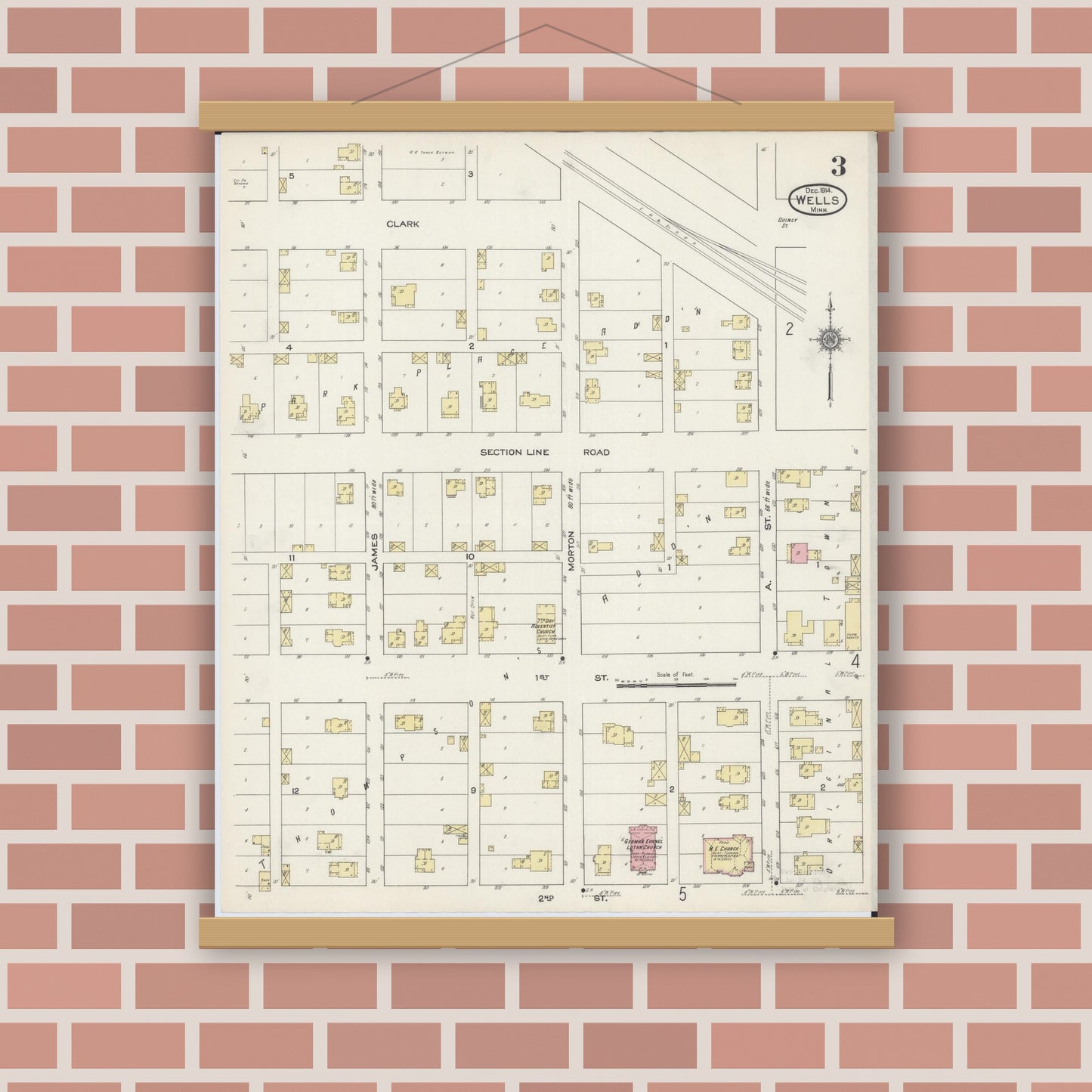 Old map wall art mockup — magnetic wood frame on brick wall — Sanborn Fire Insurance Map from Wells, Faribault County, Minnesota (1914), Sheet #0003