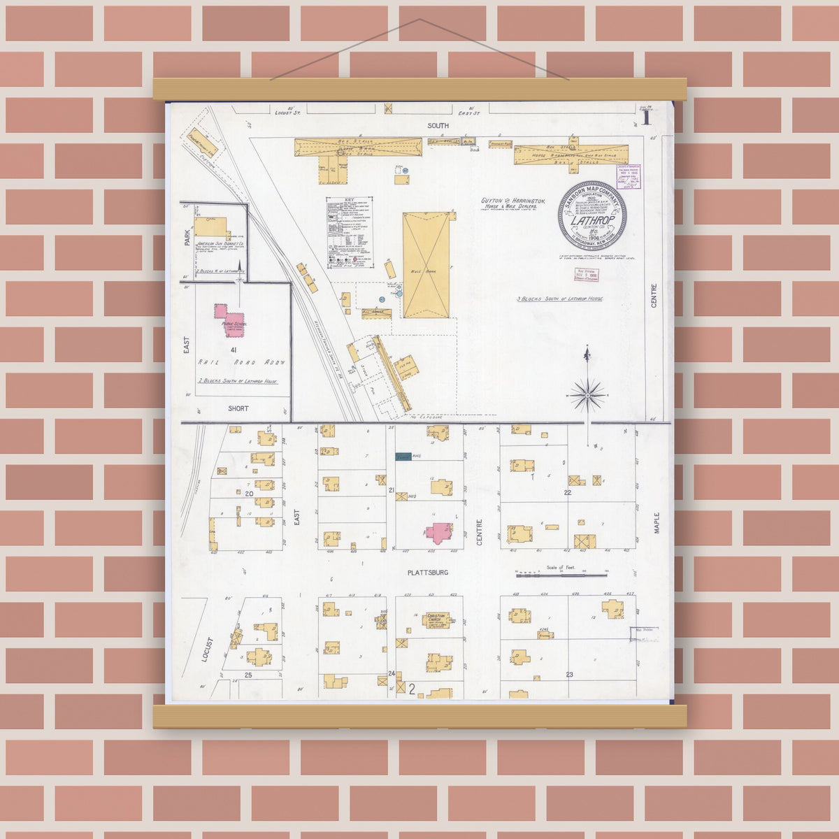 Old map wall art mockup — magnetic wood frame on brick wall — Sanborn Fire Insurance Map from Lathrop, Clinton County, Missouri (1906), Sheet #0001