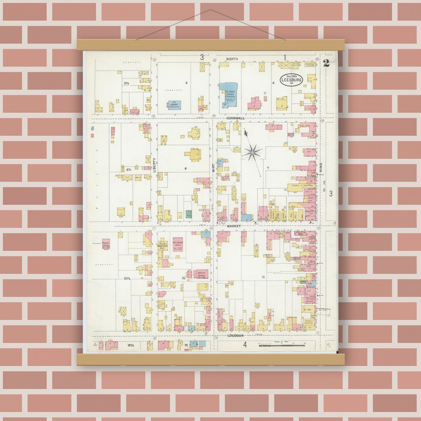 Old map wall art mockup — magnetic wood frame on brick wall — Sanborn Fire Insurance Map from Leesburg, Loudoun County, Virginia (1903), Sheet #0002