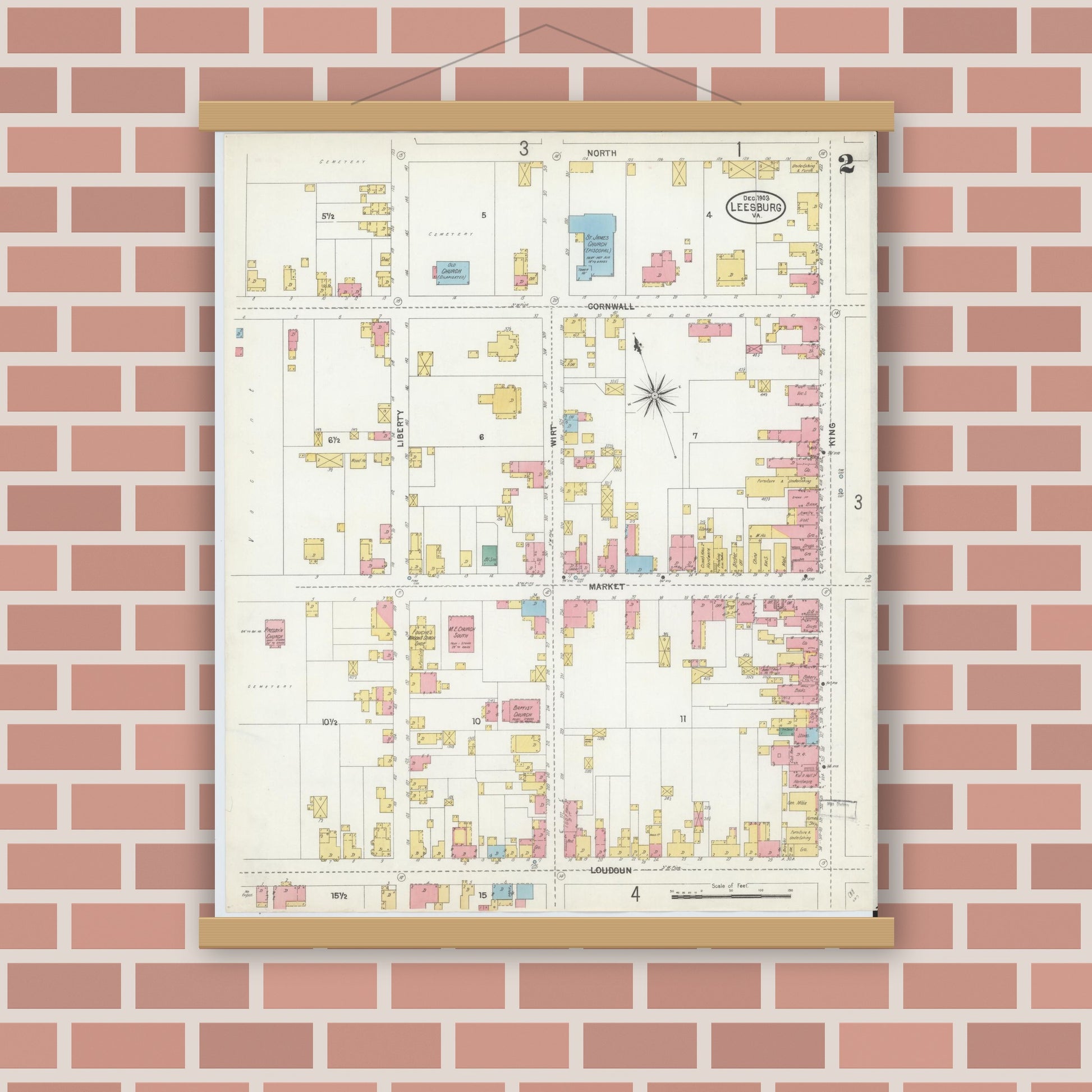 Old map wall art mockup — magnetic wood frame on brick wall — Sanborn Fire Insurance Map from Leesburg, Loudoun County, Virginia (1903), Sheet #0002