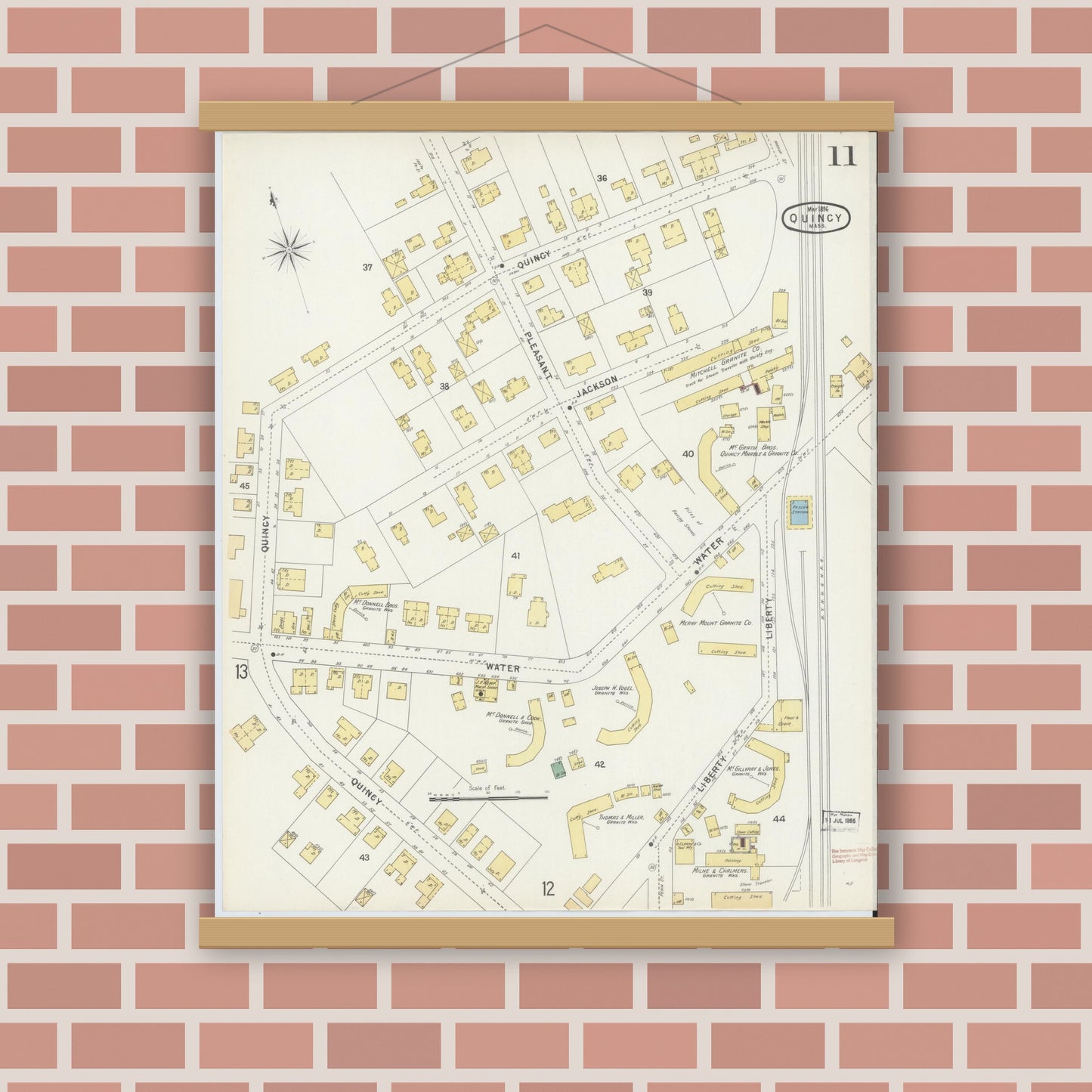 Old map wall art mockup — magnetic wood frame on brick wall — Sanborn Fire Insurance Map from Quincy, Norfolk County, Massachusetts (1896), Sheet #0011