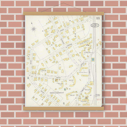 Old map wall art mockup — magnetic wood frame on brick wall — Sanborn Fire Insurance Map from Quincy, Norfolk County, Massachusetts (1896), Sheet #0011