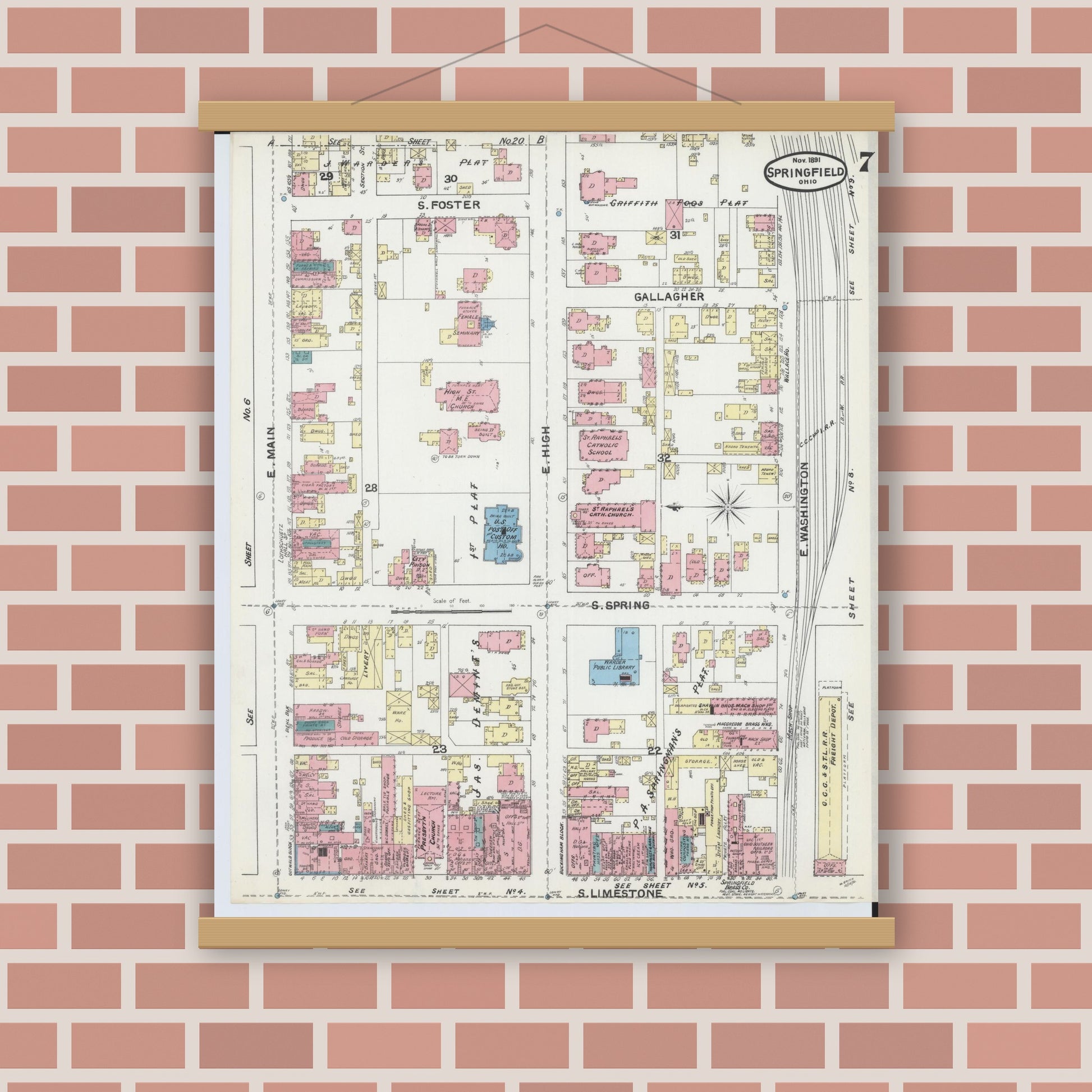 Old map wall art mockup — magnetic wood frame on brick wall — Sanborn Fire Insurance Map from Springfield, Clark County, Ohio (1891), Sheet #0007