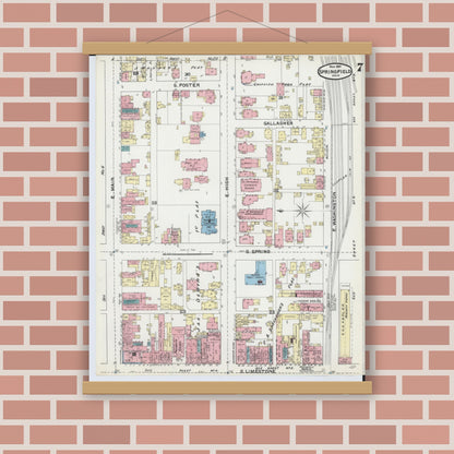Old map wall art mockup — magnetic wood frame on brick wall — Sanborn Fire Insurance Map from Springfield, Clark County, Ohio (1891), Sheet #0007
