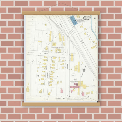 Old map wall art mockup — magnetic wood frame on brick wall — Sanborn Fire Insurance Map from Ypsilanti, Washtenaw County, Michigan (1916), Sheet #0002