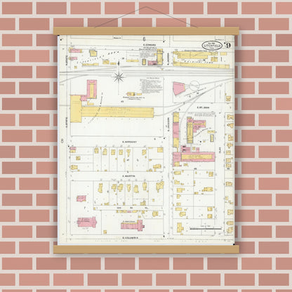 Old map wall art mockup — magnetic wood frame on brick wall — Sanborn Fire Insurance Map from Litchfield, Montgomery County, Illinois (1905), Sheet #0009