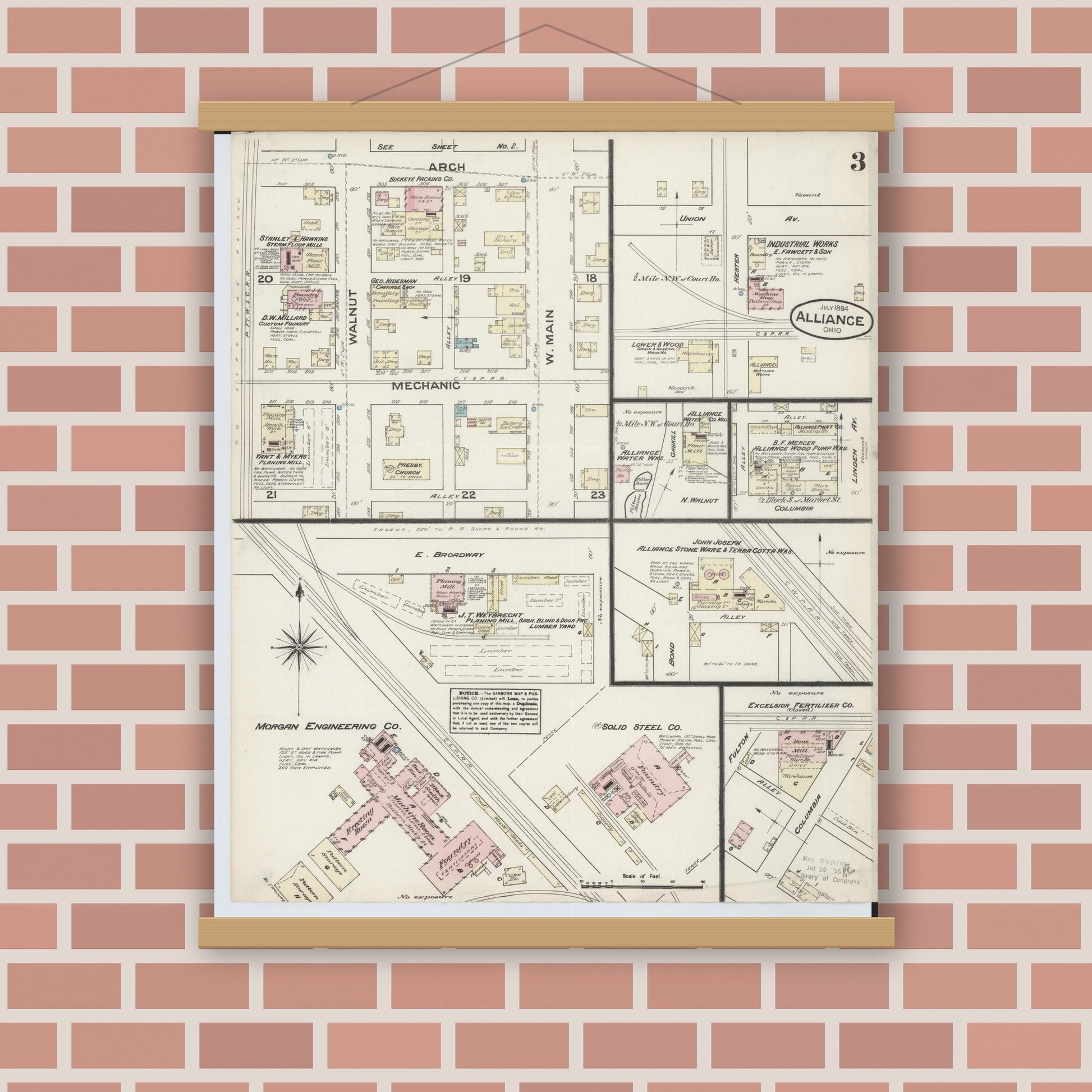 Old map wall art mockup — magnetic wood frame on brick wall — Sanborn Fire Insurance Map from Alliance, Stark County, Ohio (1884), Sheet #0003