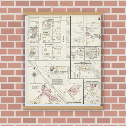 Old map wall art mockup — magnetic wood frame on brick wall — Sanborn Fire Insurance Map from Alliance, Stark County, Ohio (1884), Sheet #0003
