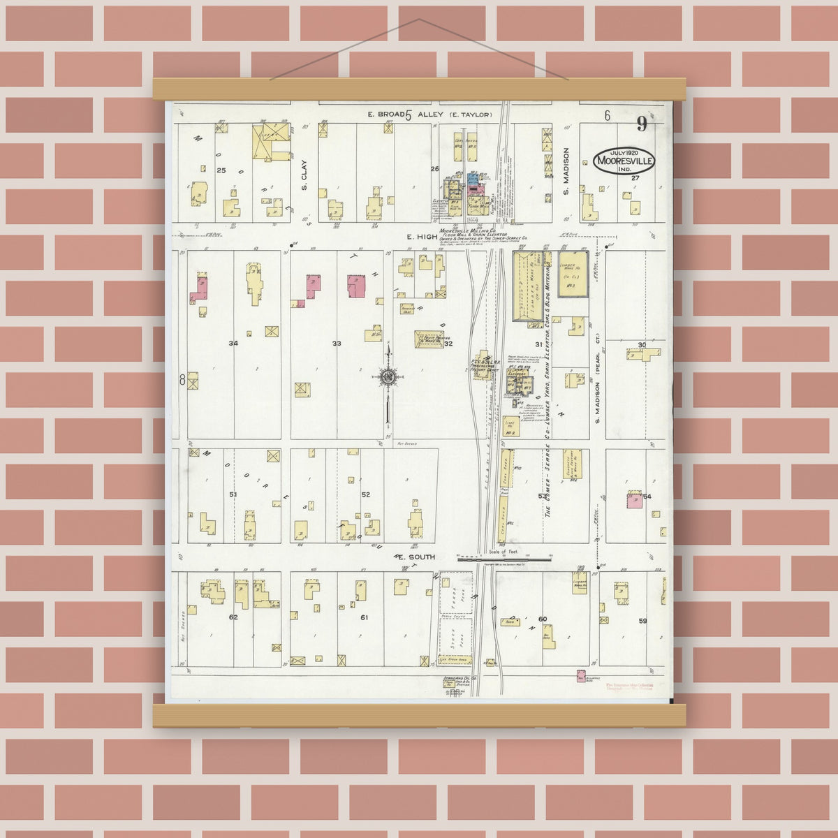 Old map wall art mockup — magnetic wood frame on brick wall — Sanborn Fire Insurance Map from Mooresville, Morgan County, Indiana (1920), Sheet #0009