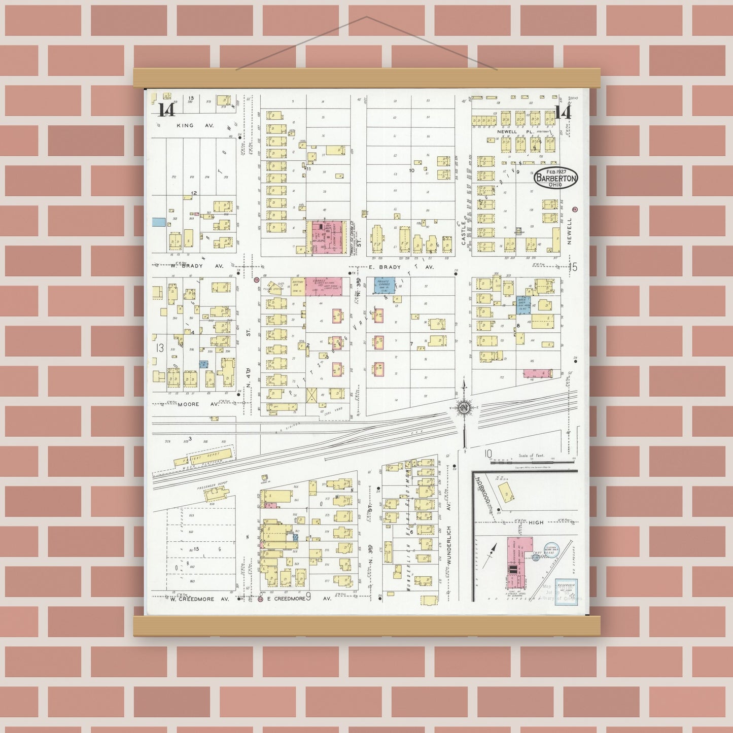 Old map wall art mockup — magnetic wood frame on brick wall — Sanborn Fire Insurance Map from Barberton, Summit County, Ohio (1927), Sheet #0014