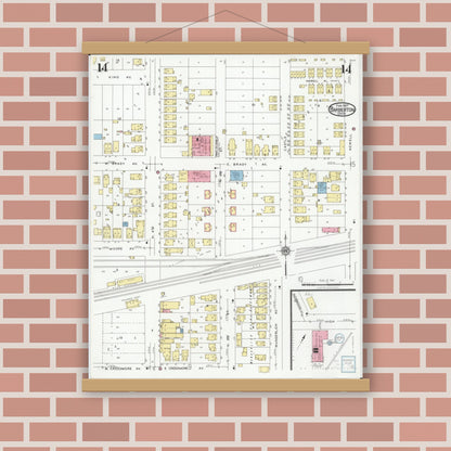 Old map wall art mockup — magnetic wood frame on brick wall — Sanborn Fire Insurance Map from Barberton, Summit County, Ohio (1927), Sheet #0014