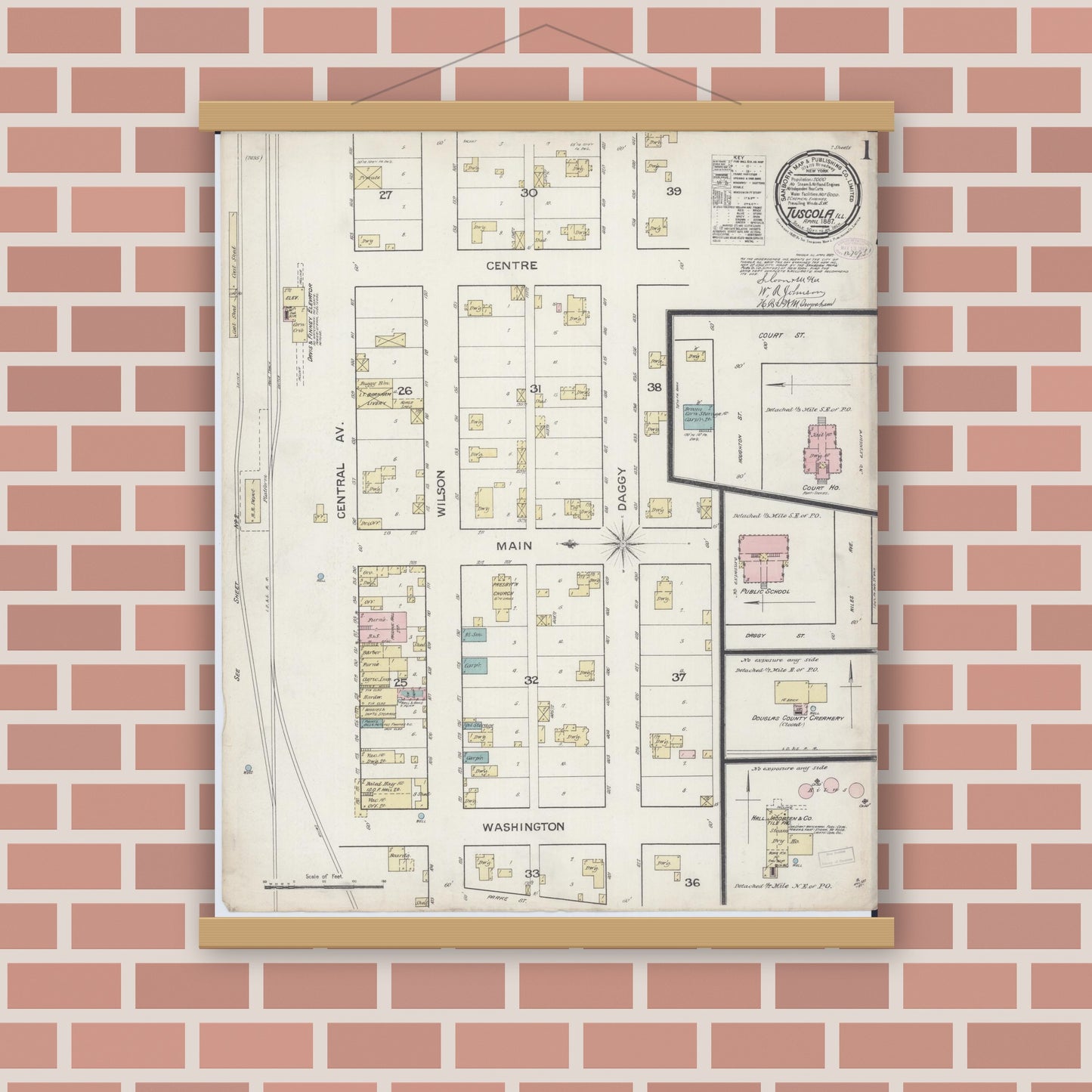 Old map wall art mockup — magnetic wood frame on brick wall — Sanborn Fire Insurance Map from Tuscola, Douglas County, Illinois (1887) - Complete Map Set