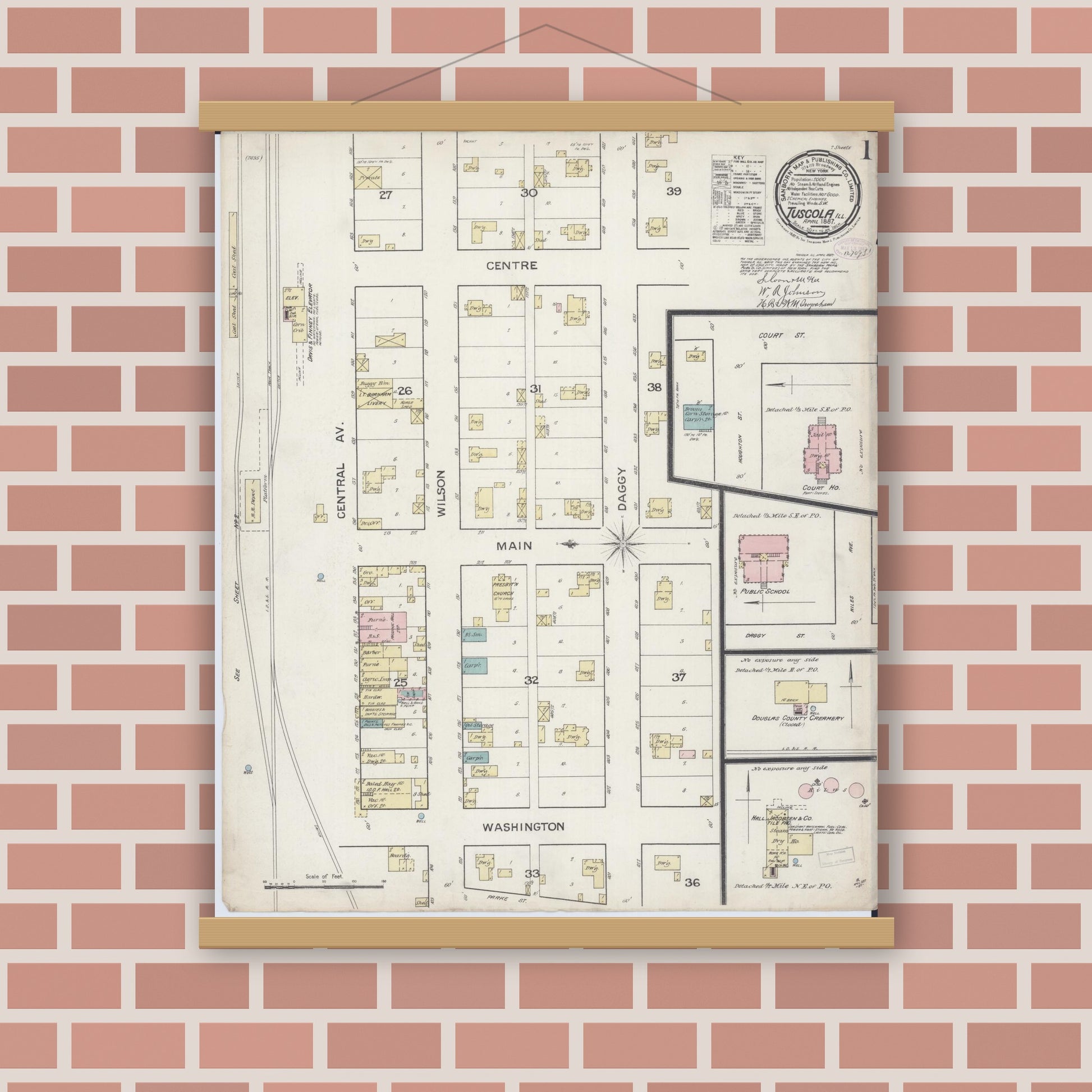 Old map wall art mockup — magnetic wood frame on brick wall — Sanborn Fire Insurance Map from Tuscola, Douglas County, Illinois (1887) - Complete Map Set