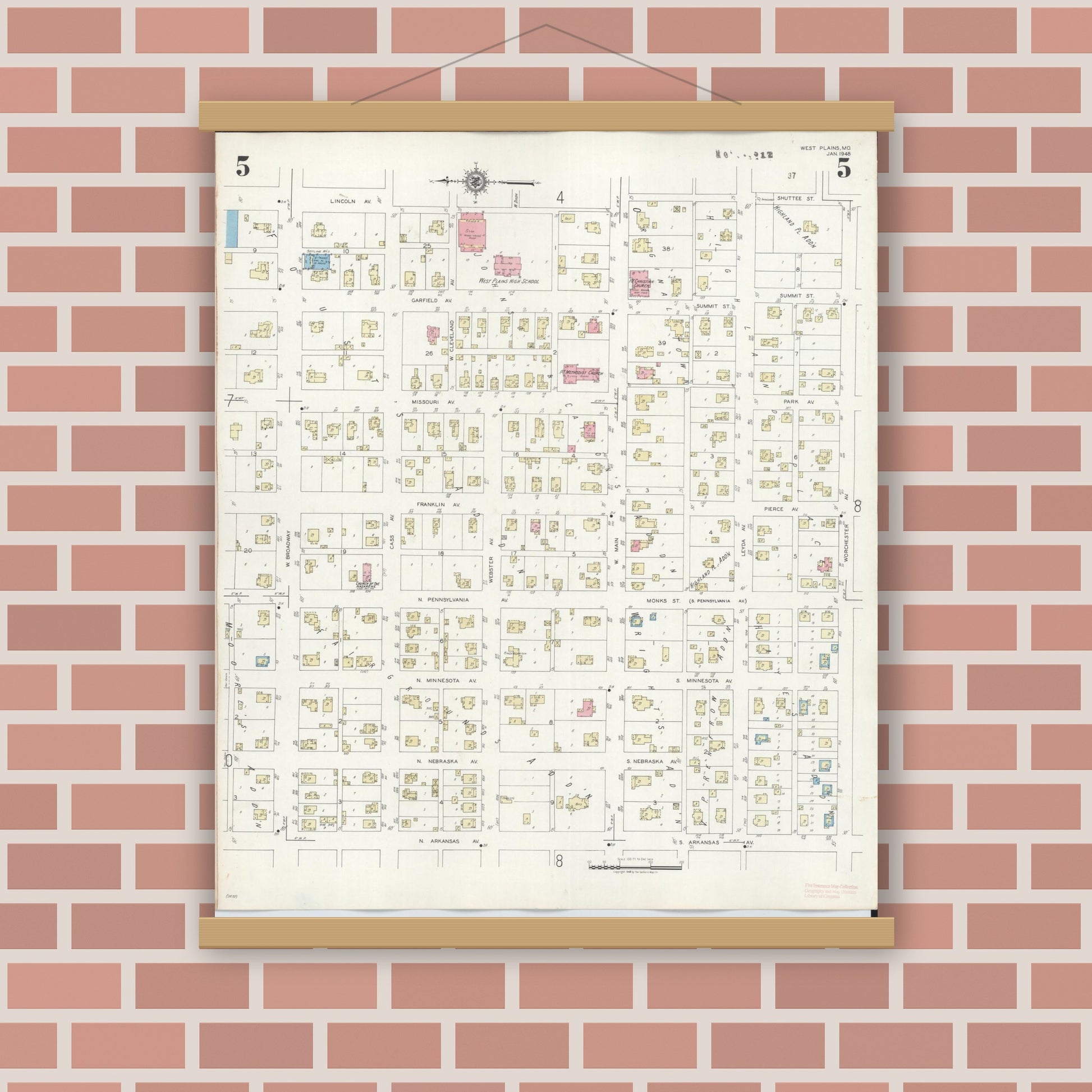Old map wall art mockup — magnetic wood frame on brick wall — Sanborn Fire Insurance Map from West Plains, Howell County, Missouri (1948), Sheet #0005