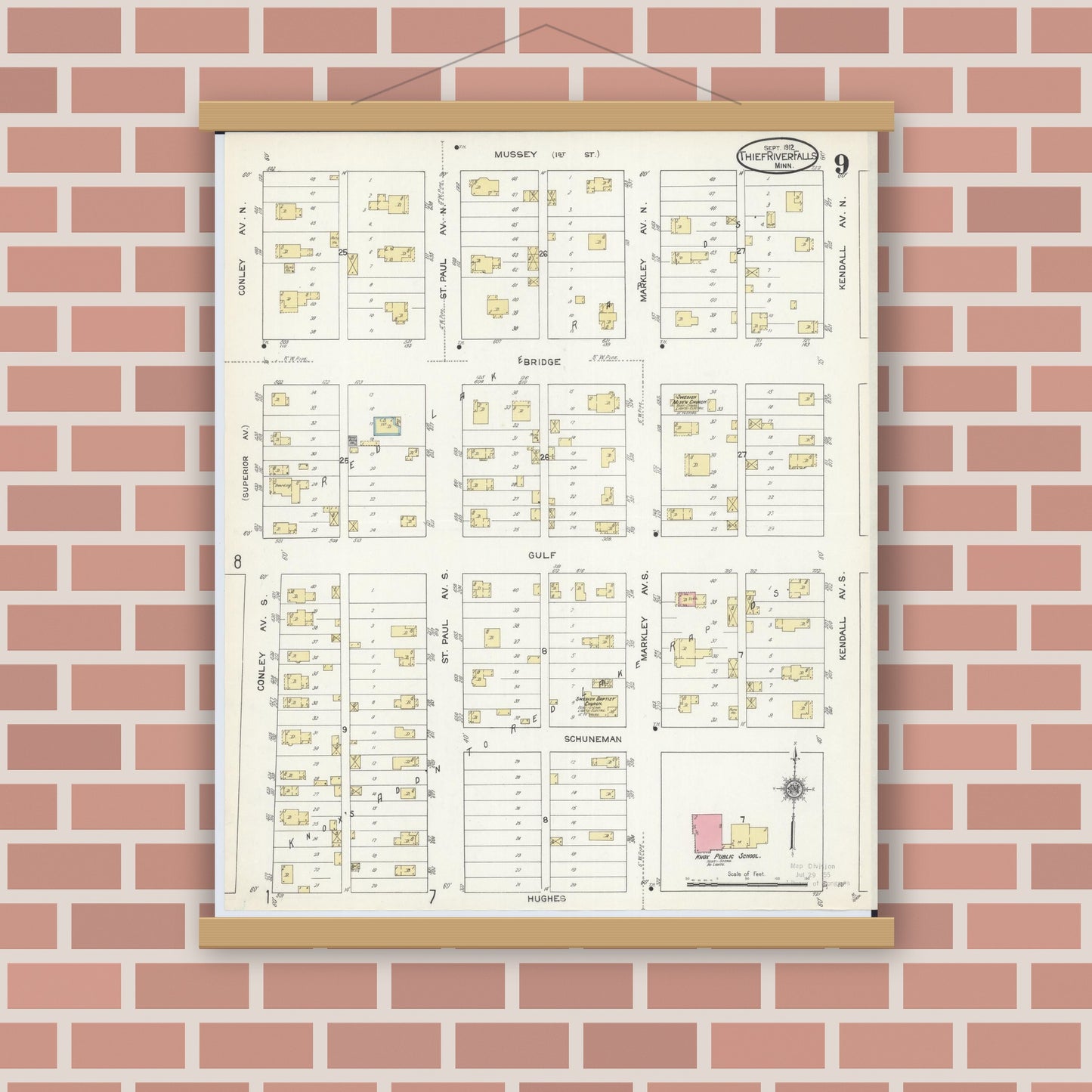 Old map wall art mockup — magnetic wood frame on brick wall — Sanborn Fire Insurance Map from Thief River Falls, Pennington County, Minnesota (1912), Sheet #0009