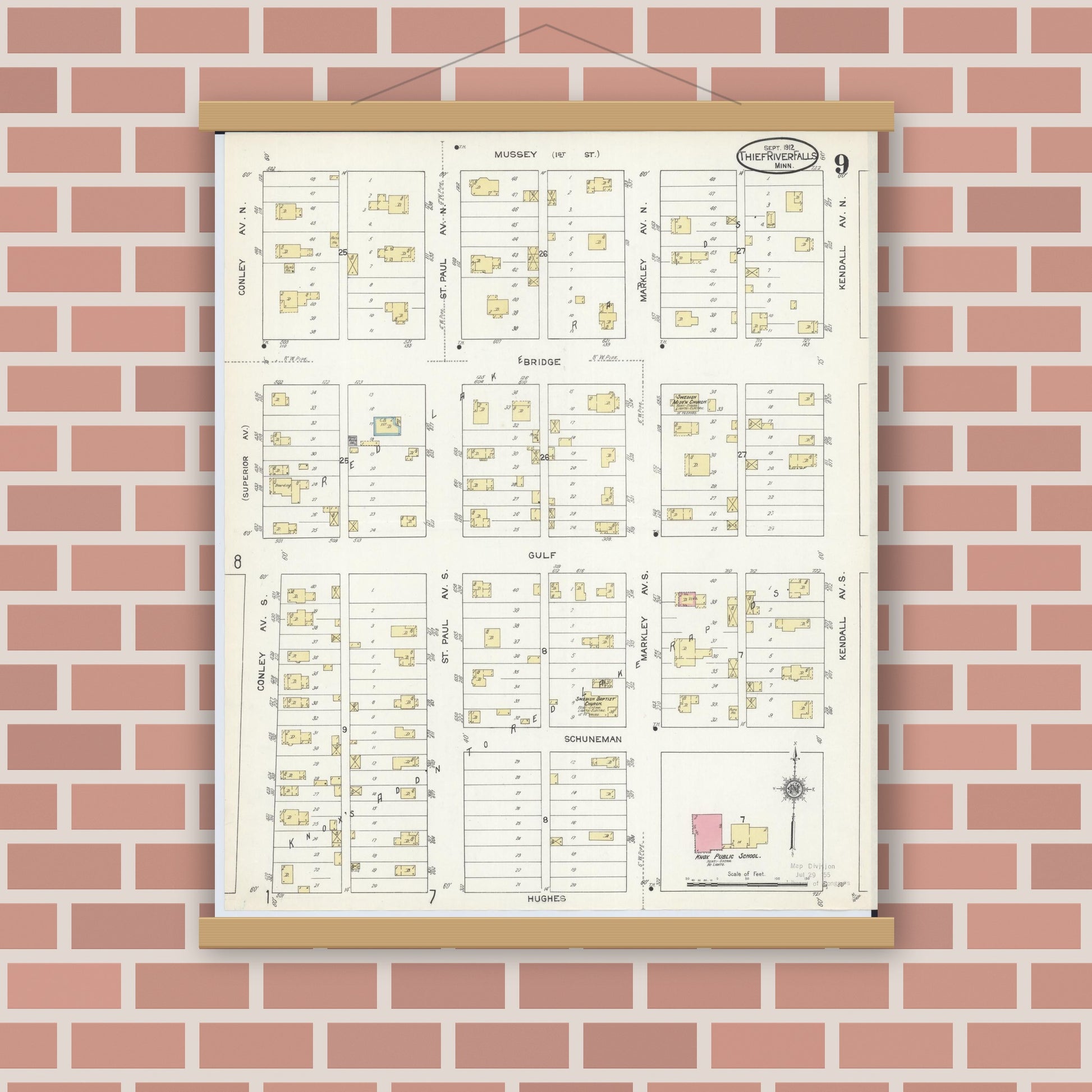 Old map wall art mockup — magnetic wood frame on brick wall — Sanborn Fire Insurance Map from Thief River Falls, Pennington County, Minnesota (1912), Sheet #0009