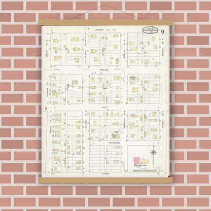 Old map wall art mockup — magnetic wood frame on brick wall — Sanborn Fire Insurance Map from Thief River Falls, Pennington County, Minnesota (1912), Sheet #0009