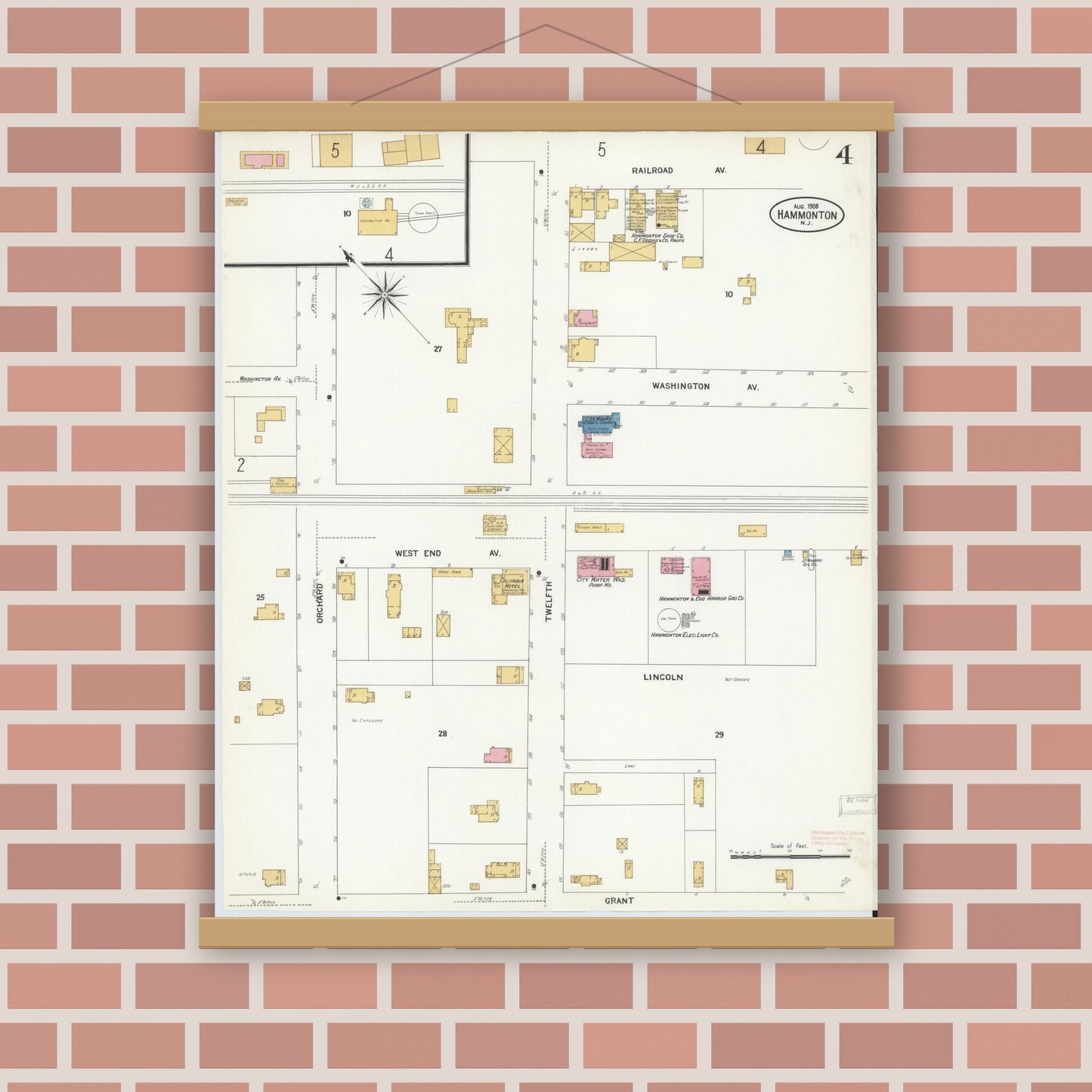 Old map wall art mockup — magnetic wood frame on brick wall — Sanborn Fire Insurance Map from Hammonton, Atlantic County, New Jersey (1908), Sheet #0004