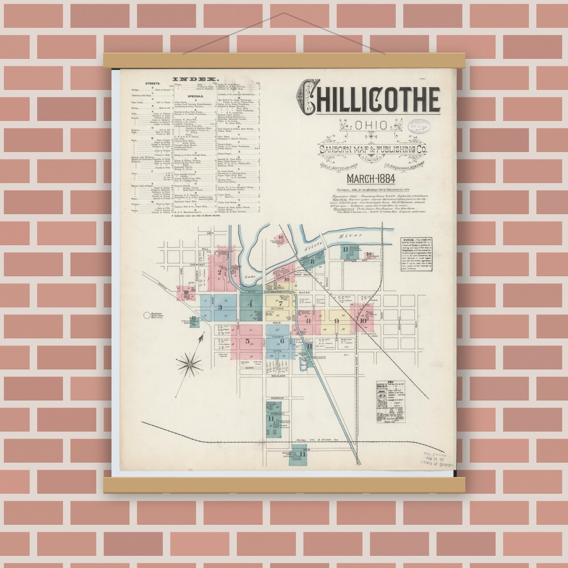 Old map wall art mockup — magnetic wood frame on brick wall — Sanborn Fire Insurance Map from Chillicothe, Ross County, Ohio (1884), Sheet #0001