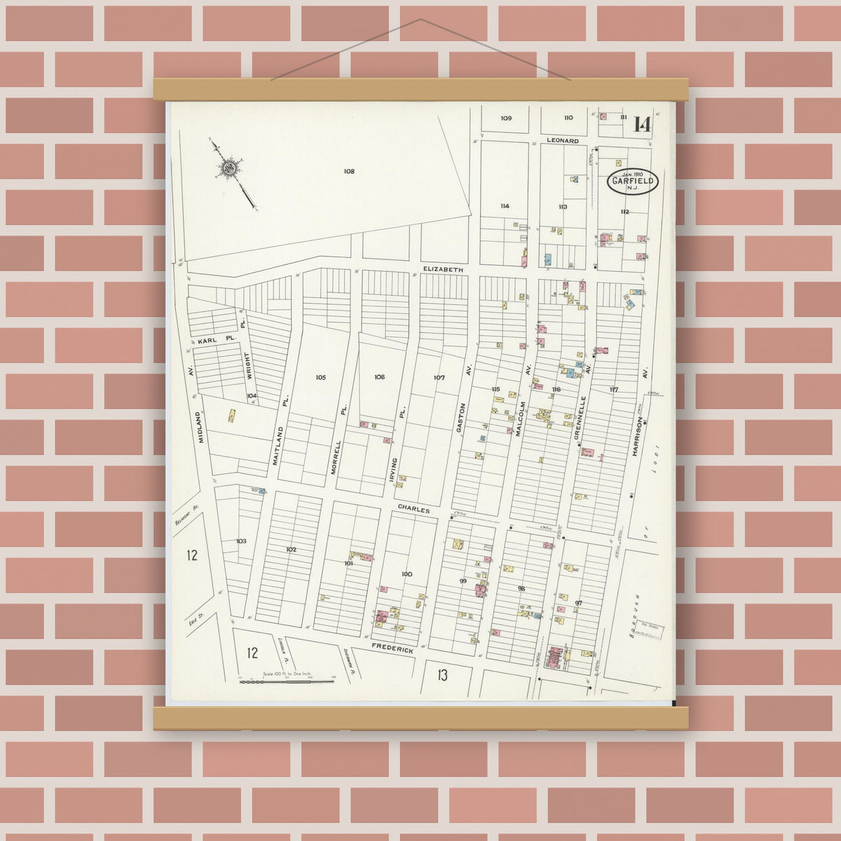 Old map wall art mockup — magnetic wood frame on brick wall — Sanborn Fire Insurance Map from Garfield, Bergen County, New Jersey (1910), Sheet #0014