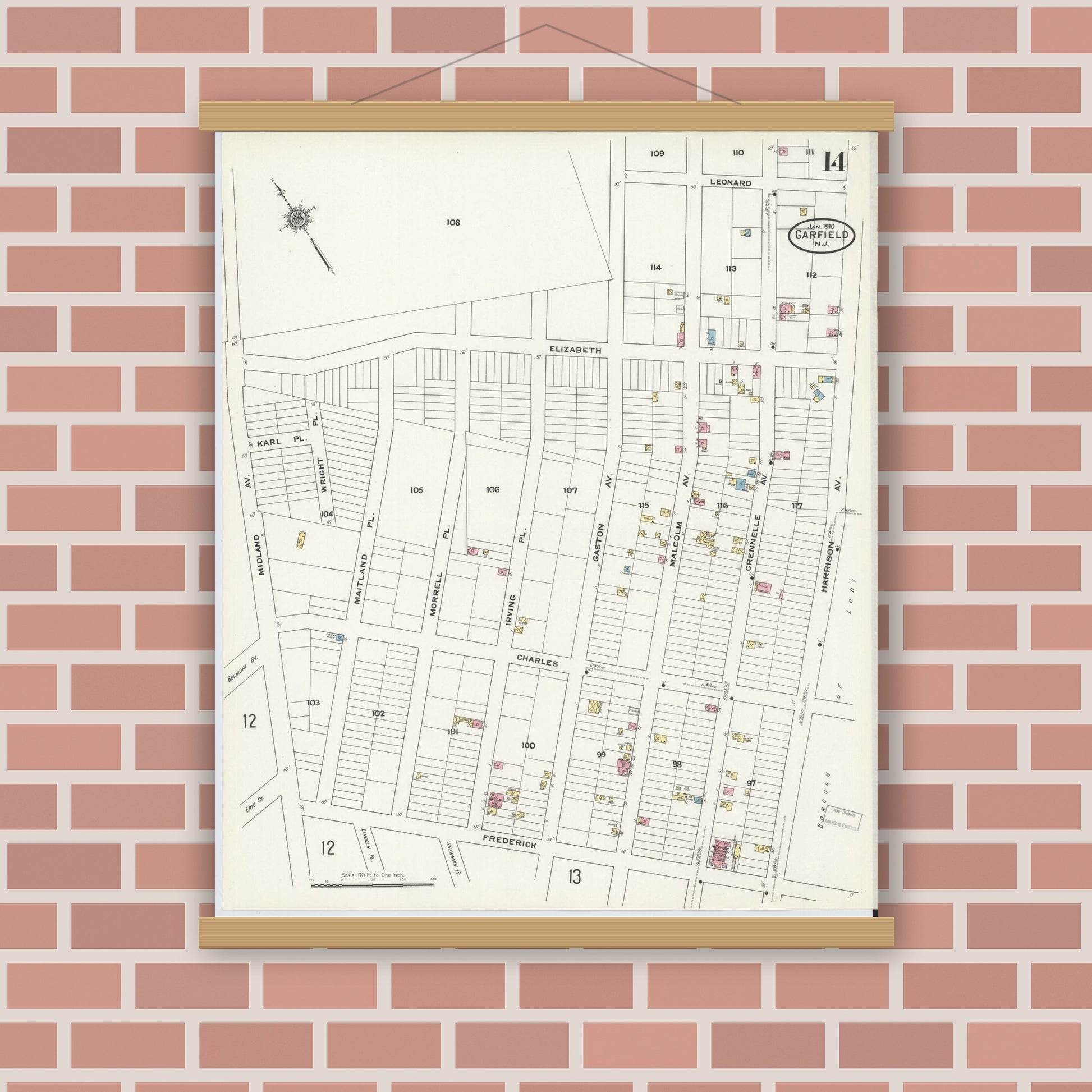 Old map wall art mockup — magnetic wood frame on brick wall — Sanborn Fire Insurance Map from Garfield, Bergen County, New Jersey (1910), Sheet #0014