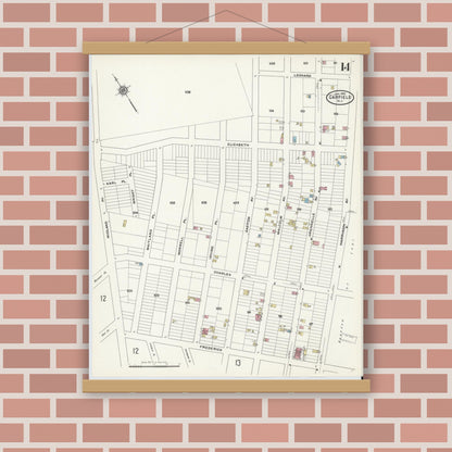 Old map wall art mockup — magnetic wood frame on brick wall — Sanborn Fire Insurance Map from Garfield, Bergen County, New Jersey (1910), Sheet #0014