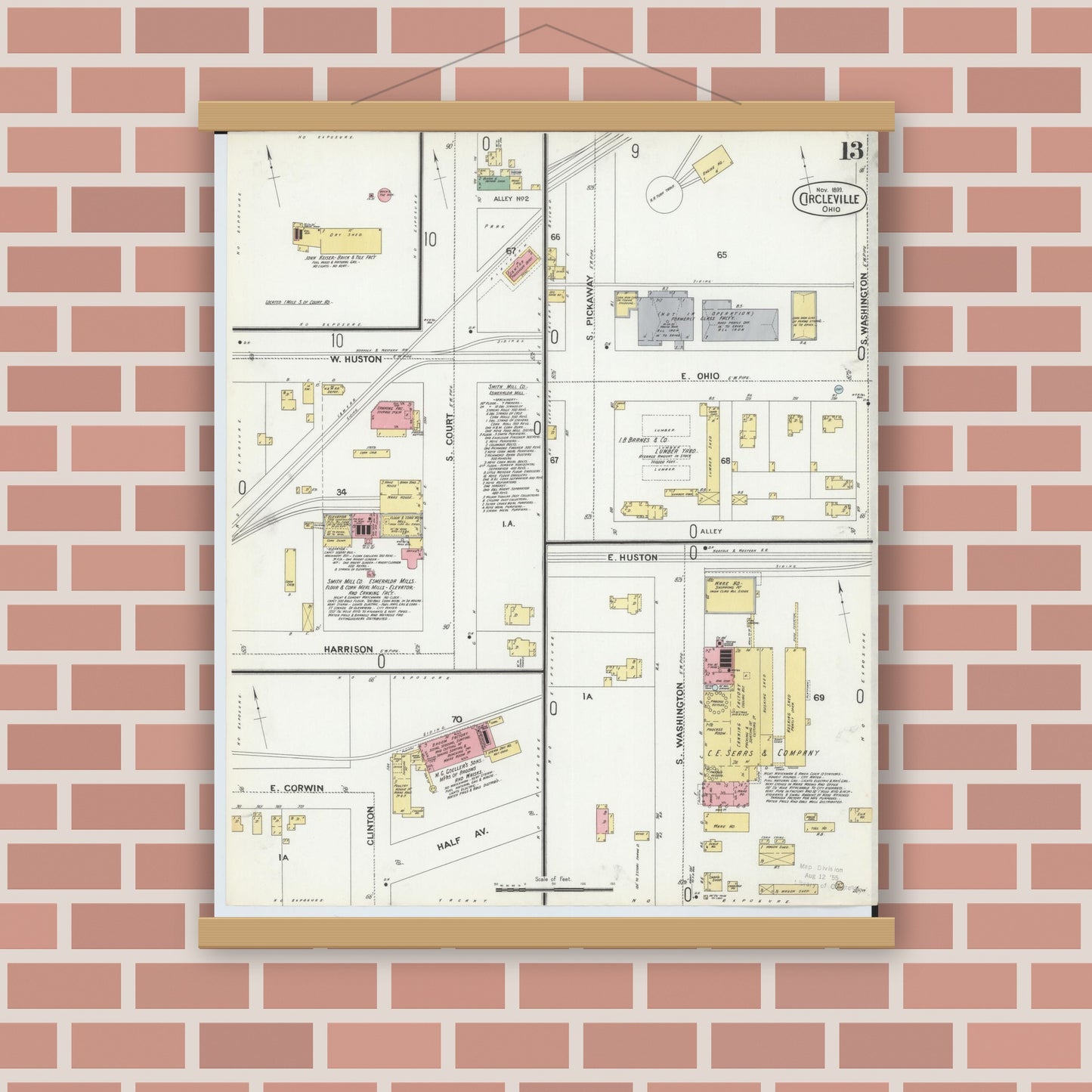 Old map wall art mockup — magnetic wood frame on brick wall — Sanborn Fire Insurance Map from Circleville, Pickaway County, Ohio (1899), Sheet #0013
